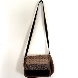 Boho Colorblock Y2K Crochet Crossbody Bag Faux Leather Trim Knit Shoulder Bag